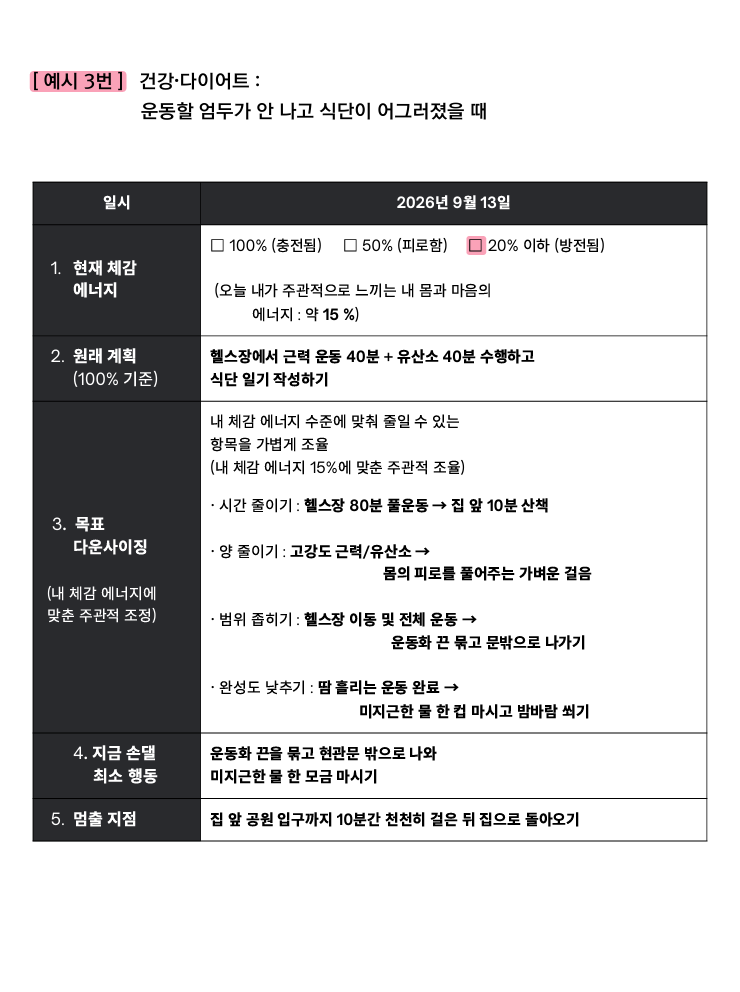 건강과 다이어트 상황의 목표 조정 예시