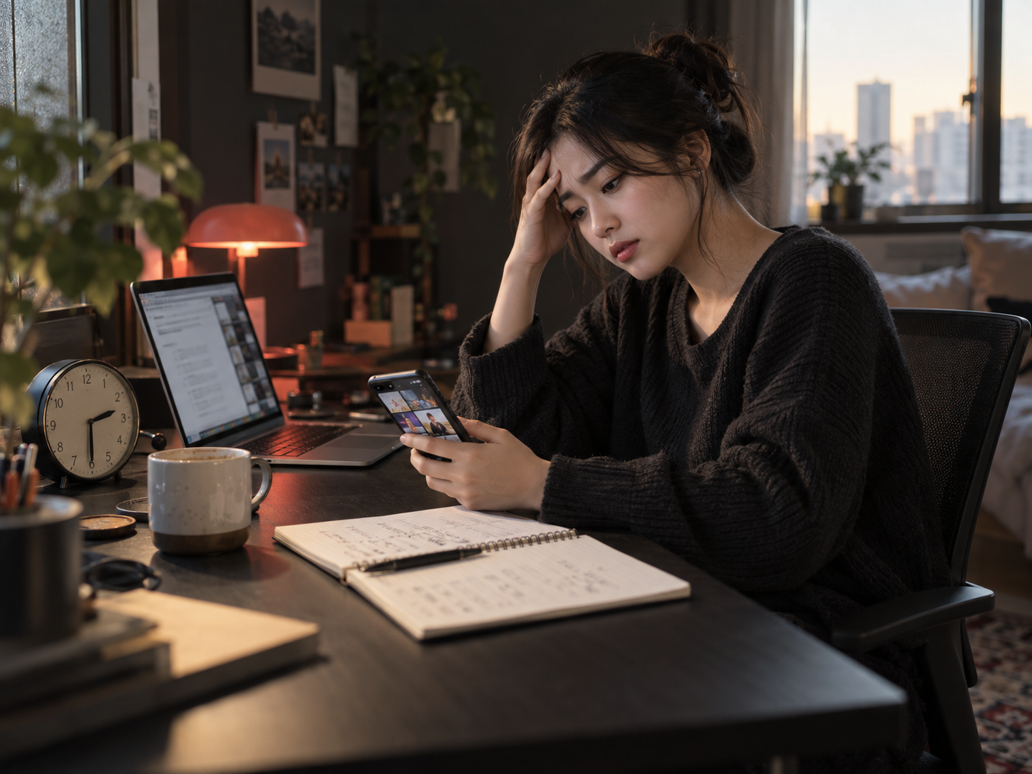 휴대전화를 보며 생각에 잠긴 사람이 책상 앞에 앉아 있는 장면