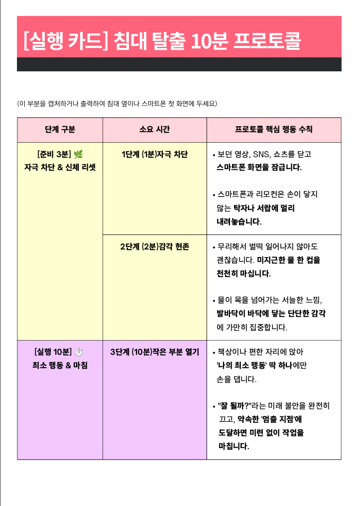 침대 탈출 10분 프로토콜 실행 카드
