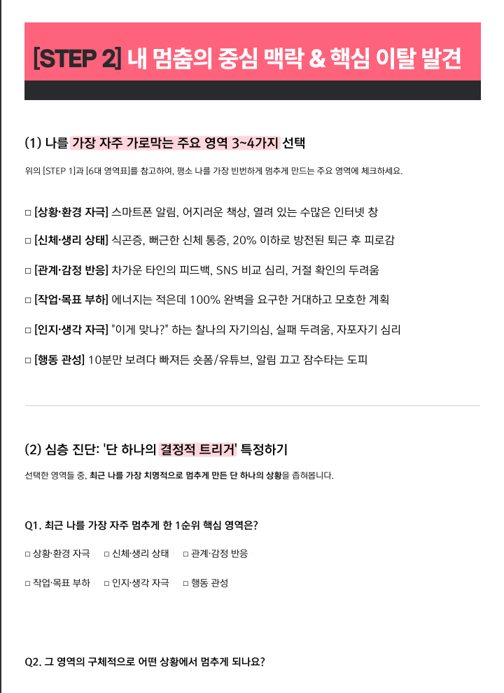 멈춤의 중심 맥락과 핵심 이탈을 찾는 질문지